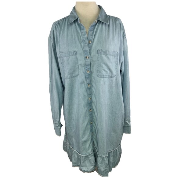 Wonderly L Blue Chambray Top Tunic Ruffle Hem Lyocell Button Front Long Sleeves - Picture 1 of 8